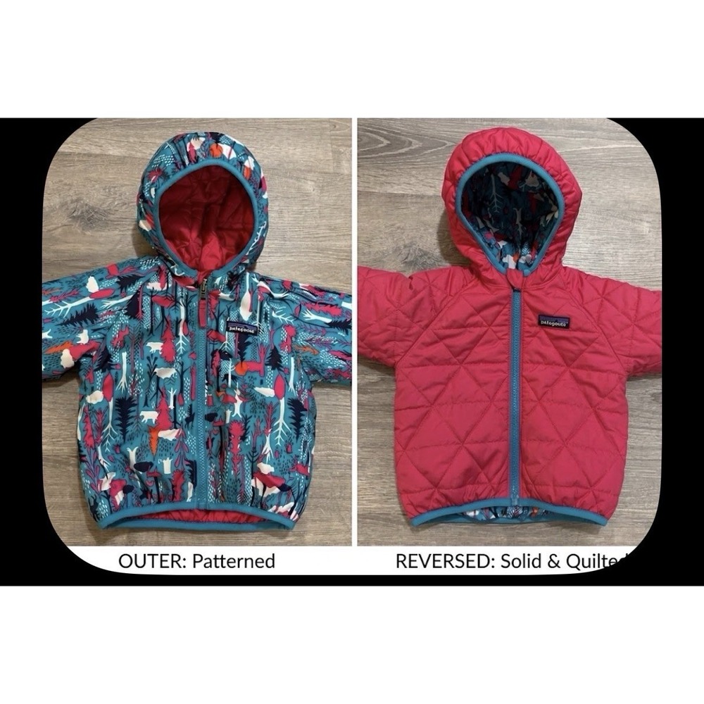 Patagonia Jacket Girl Infant 2T? Blue White Pink Puffer Floral Hooded Reversible